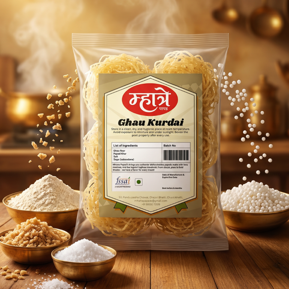 Premium Ghau Kurdai made with wheat flour (ghau), papad khar, salt, and sago (saboodana). A heartier, more filling variation of the classic kurdai with rich, authentic taste. Fries up golden and crispy - a wholesome traditional treat.