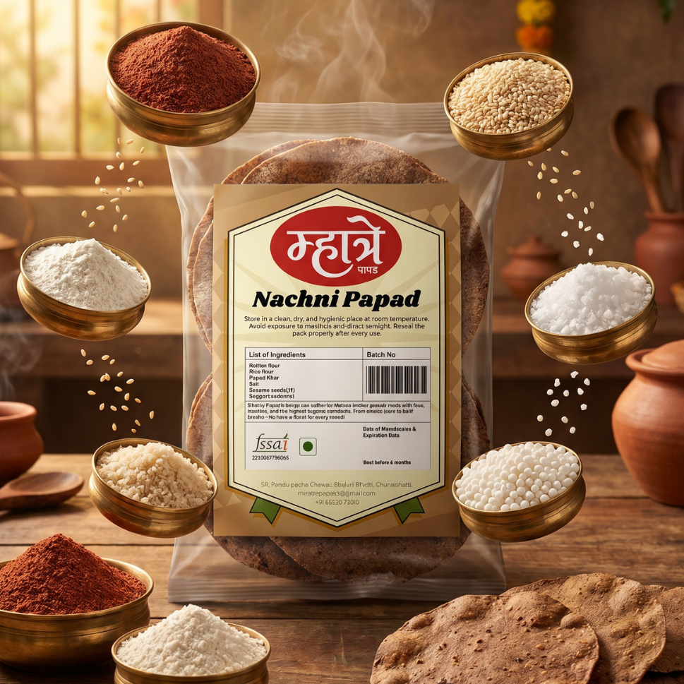 Nutritious Nachni Papad made with finger millet (nachni) flour, rice flour, papad khar, salt, sesame seeds (til), and sago (saboodana). Rich in calcium, iron and fiber - a healthy snack that doesn't compromise on taste. A wholesome choice for the whole family.
