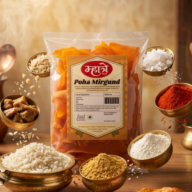 Poha Mirgund made with thick pressed rice (poha), asafoetida (hing), papad khar, red chilli powder, and rice flour. A unique twist on the classic mirgund with the distinct texture and taste of poha. Light, crunchy, and full of authentic flavor.