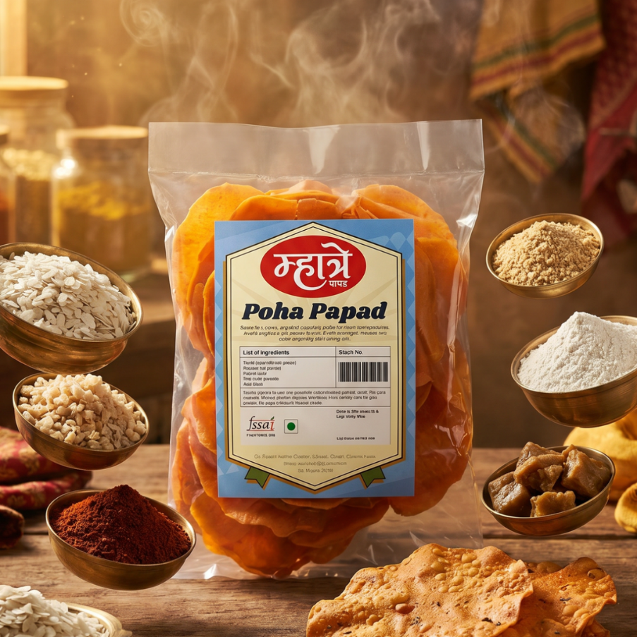 Authentic Maharashtrian Poha Papad made with thick pressed rice (poha), asafoetida (hing), papad khar, red chilli powder, and rice flour. Crispy, flavorful, and made using traditional recipes with modern hygiene standards. Perfect as a snack or side with any meal.