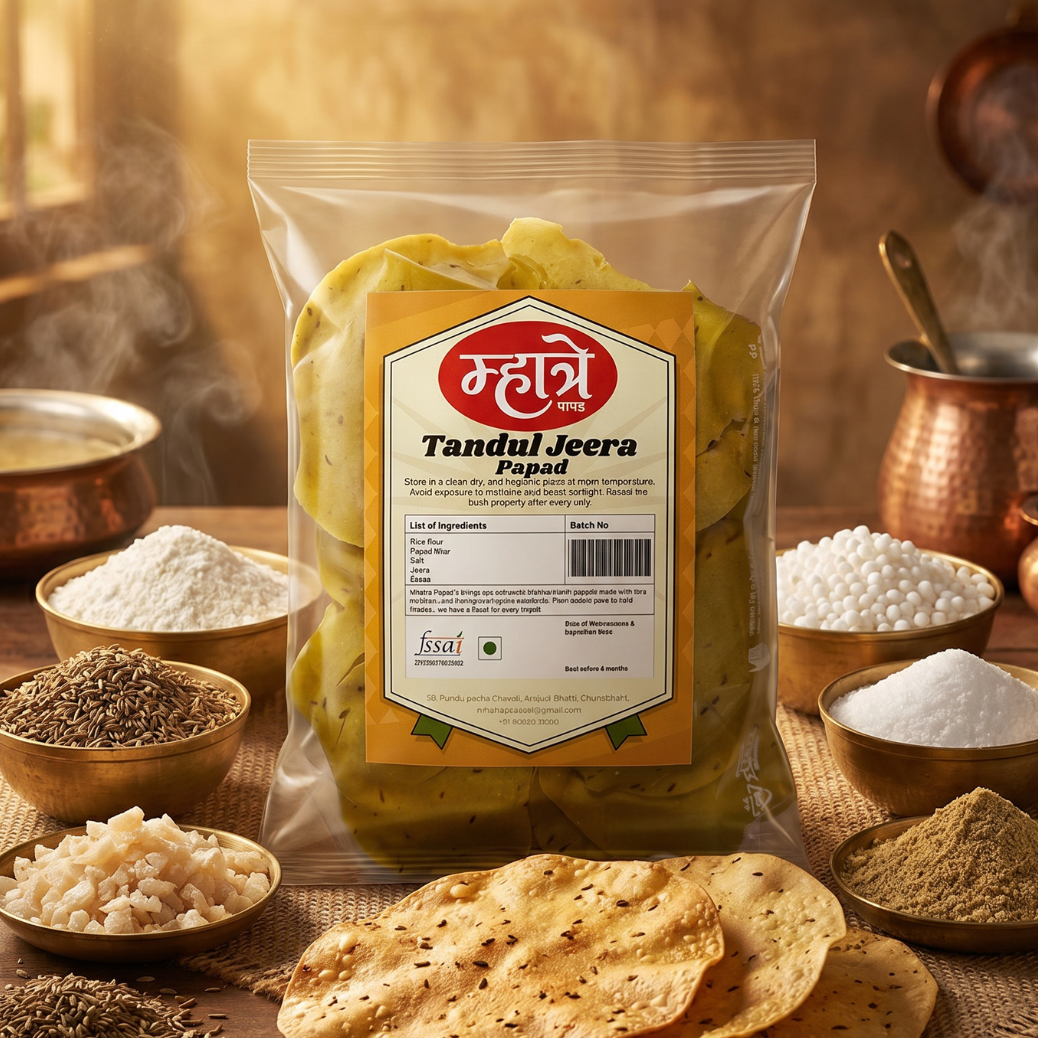 Flavorful Tandul Jeera Papad made with rice flour, papad khar, salt, jeera (cumin), sago (saboodana), and jeera flour for a double dose of authentic cumin flavor. Aromatic, crispy, and bursting with traditional taste in every bite.