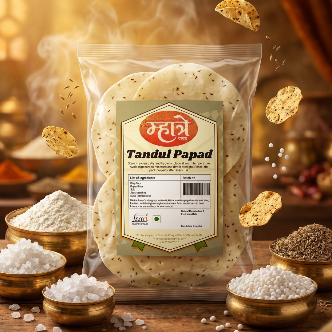 Classic Tandul Papad made with pure rice flour, papad khar, salt, jeera (cumin), and sago (saboodana). A traditional Maharashtrian staple that's light, crispy, and perfect with every meal. Made with authentic recipes passed down through generations.