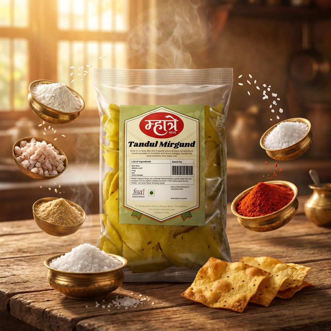 Light and crispy Tandul Mirgund made with rice flour, alkaline salt, hing, salt, and chilli powder. A traditional Maharashtrian snack that's airier than regular papad, with a perfect crunch. Great for tea-time snacking or as a party starter.
